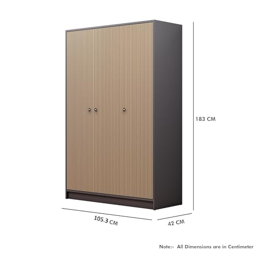 Image of Bniture Luxe 3 Door Wooden Wardrobe for Bedroom with Lockable Drawer & Hanging Space | Engineered Wood Almirah for Clothes with 3D Textured Panels | Wide Spacious Storage Cupboard | Grey & Giant Wood