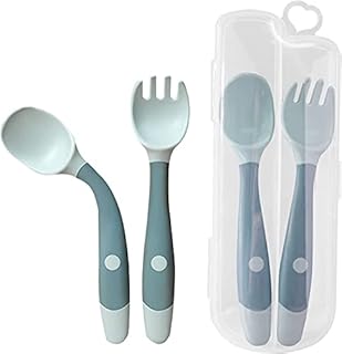 Baby Fork and Spoon Set, 360°Bendable Self Feeding Utensil Raise Learning Cutlery Kit Soft Tableware Gift with Carry Case BPA-Free for Infant Toddler Children Kids First Led Training (1 Pair) (Blue)