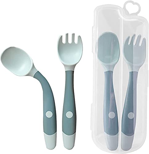Baby-Utensilien, Löffel, Gabeln-Set, 360° biegbar, Kleinkind-Utensilien für das Füttern, BPA-frei, hitzebeständig, leicht zu greifen, Besteckset mit reisesicherem Etui (1 Paar, Blau)