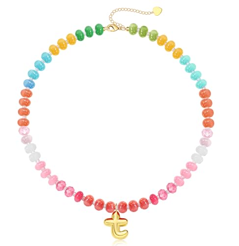 Initial Necklaces for Women, Beaded Necklaces for Women with Bubble Necklace Letter Stocking Stuffers for Teens Trendy Stuff Colorful Gemstone Choker 14k Gold Letter A-Z Pendant Summer Beach Christmas Birthday Jewelry for Her Girlfriend Sister