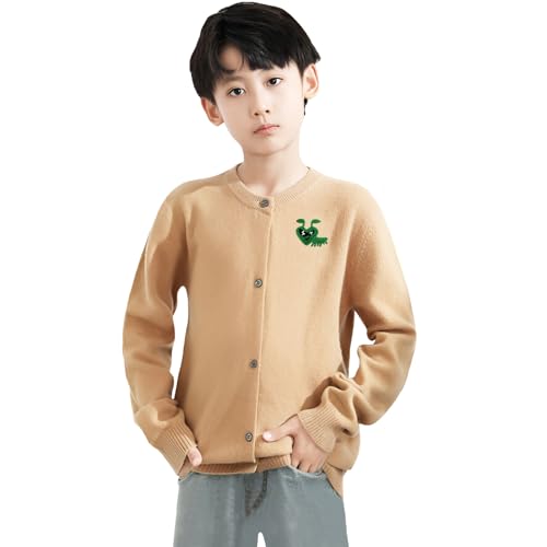 Boy Cardigan Round Neck Cartoon Cute Glasses Ant Embroidery Cotton with Button Solid Casual Fit Open Front Sweater