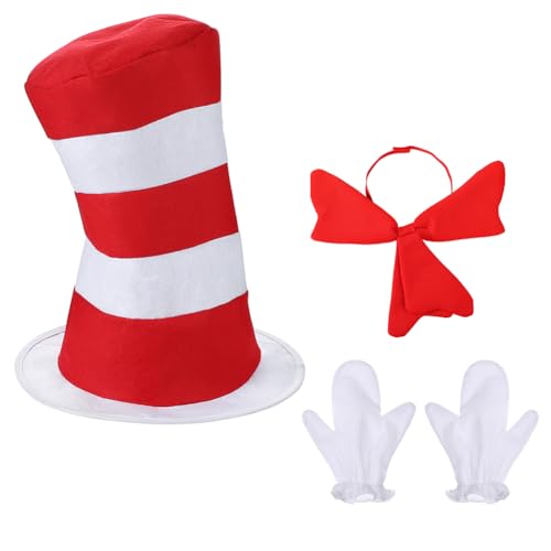 SIQITECHNO Cat In The Hat Costume for Adult Red & White Striped Costume Hat with Red Bowknot Gloves for Halloween Theme Party