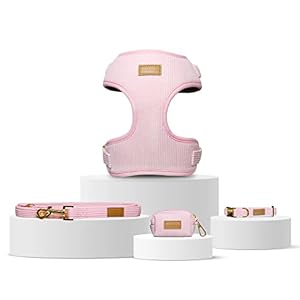 Luxury Dog Banks Harness Set in Light Pink – Light Pink Corduroy Padded Harness, Collar, Leash and Poop Holder Set Fits Small, Medium and Large Sized Dogs Free Poop Bag (XS)