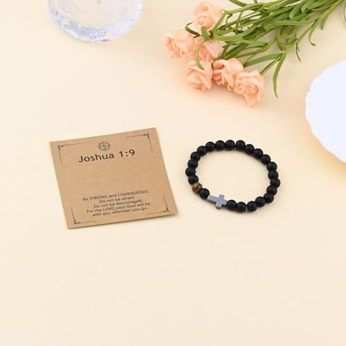Pulsera para hombre con cruz, piedra natural negra y ojo de tigre miniatura 4