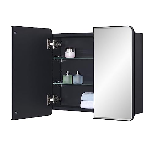 Image of IDYLLOR Black Bathroom Medicine Cabinet with Round Corner Framed Door and Beveled Edge Mirror 22 x 20 inch, Recessed or Surface Mount, with Adjustable Glass Shelves
