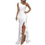 Uillui Womens Elegant One Shoulder Cocktail Dress Sexy Ruffle Long Slit Evening Dress Mermaid Wedding Guest Maxi Formal Gown White