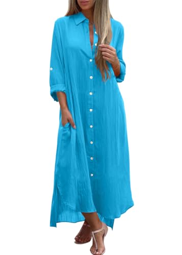shownicer Leinenkleid Damen Blusenkleid V-Ausschnitt Langarm Freizeitkleid Casual Einfarbig Leinen Maxikleid Knopfleiste Shirtkleider mit Taschen...