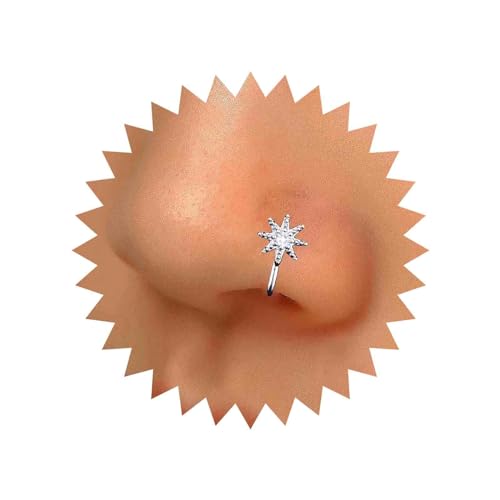 Yheakne Vintage Anillo De Cristal Estrella De La Nariz De Oro Cz Estrella Nariz Brazalete De Cristal Septum Anillos De La Nariz En Forma De U Clip En Stud Cz Aro Joyería Perforación Las Mujeres（plata）