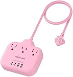Pink Extension Cord 5 ft, Flat Plug Extension Cord with 3 Outlets 4 USB(2 USB-C) 3.1A, Power Strip Long Pink Cord 1625W, Compact for Cute Kawaii Desk Home Bedroom Room Essentials