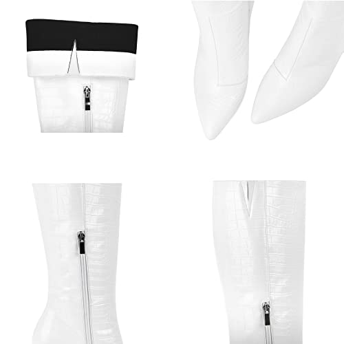 Modatope White Knee High Boots Women Chunky High Heel Boots For Women Size Zipper Women Knee High Boots Crocodile Tall Boots Pointed Toe Size 10 #TOP2