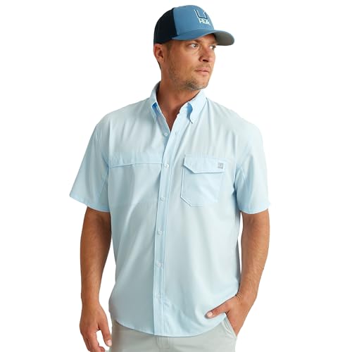 Image of HUK Men's Tide Point Kc Scott Original Artwork Short Sleeve Shirt, Fishing Button Down