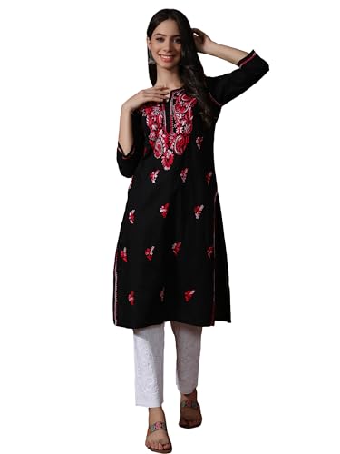Image of Seva Chikan Hand Embroidered Lucknowi Chikankari Regular Straight Cotton Kurta Kurti for Women SCL4243