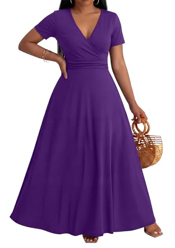 Image of CLOCOR Maxi Dress for Women Long Summer Short Sleeve Evening Formal V Neck A Line Dresses Wedding Guest Empire Waist Elegant