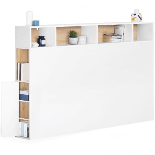 IDMarket Cleo - Cabecero de cama con pie (165 cm, con almacenamiento cerrado y nichos), color blanco y haya