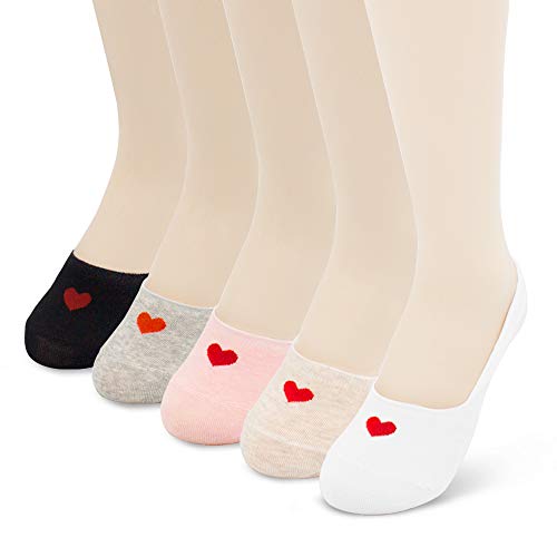 Women's No Show Socks – Cute Heart Pattern Low Cut Cotton Soft, Non-Skid Non-Slip, 5 Pack seamless Invisible Liner Socks with Silicone Edge1