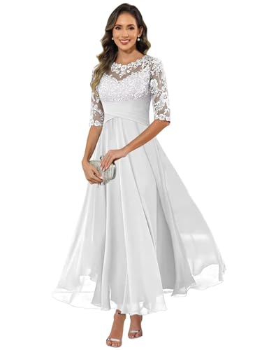 HUINI Damen Brautmutterkleid Chiffon Lang - Spitzen Formales Abendkleid Kleider Halbärmel A-Linie Festliche Für Hochzeit Weiß 42
