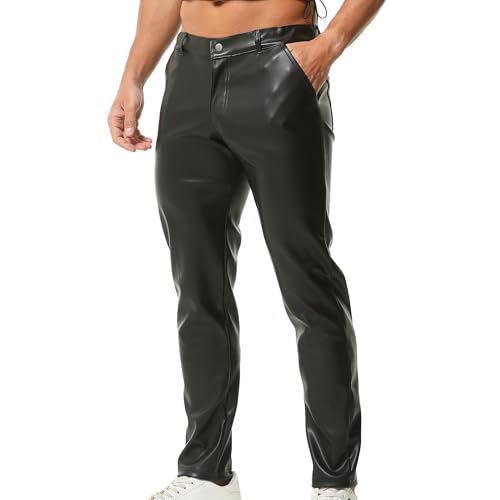 QiaTi Pantalon Long en Cuir synthétique pour Homme - Décontracté - Stretch - Coupe Droite - Coupe ajustée - pour Moto, Club de Nuit