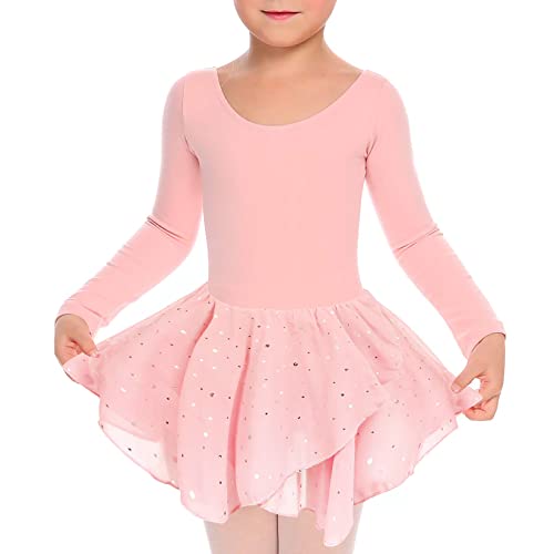 TUONROAD Kids Cross Straps Dancing Ballet Leotards Gymnastics Athletic Leotards for Little Girl Long Sleeve Crew Neck Ballet Tutu Dress Pink 4-5 Years,120