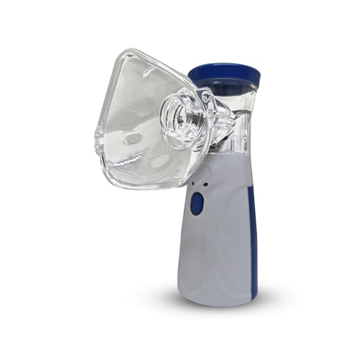 Image of Sahyog Wellness Handheld Portable Silent Mesh Nebulizer with Adult and Child Mask, USB Charging Cable for House & Travel Purpose (White & Blue)