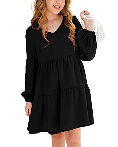 Imily Bela Girls Casual Tunic Dresses V Neck Long Short Sleeve School Party Swing Dress 5-14 Years Black #TOP1