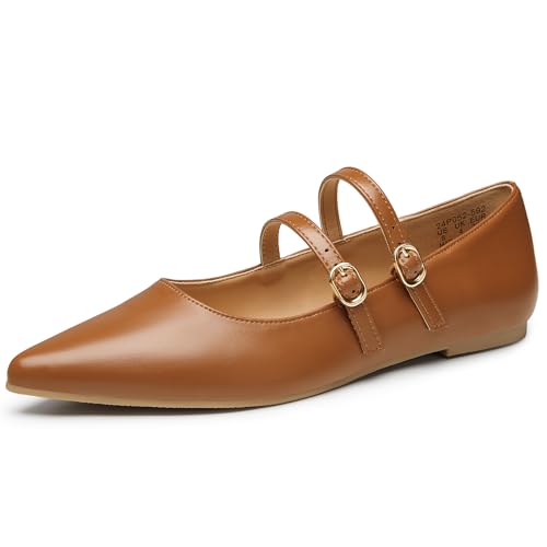 Image of Trary Flats for Women Mary Jane Shoes Women Closed Pointed Toe Ballet Flats Comfortable Slip on Dressy Adjustable Strap Cute Walking Office PU Leather Mary Janes Flat Shoes