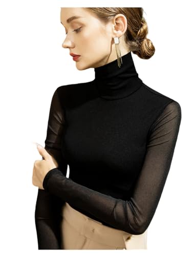 Women's Lace Mesh Bodycon Turtleneck Long Sleeve Tees Top Sexy See Through Sheer Mesh Eyelash Trim Shirts Clubwear (Black,Large,Large,Female,Adult,US,Alpha,Regular,Regular)