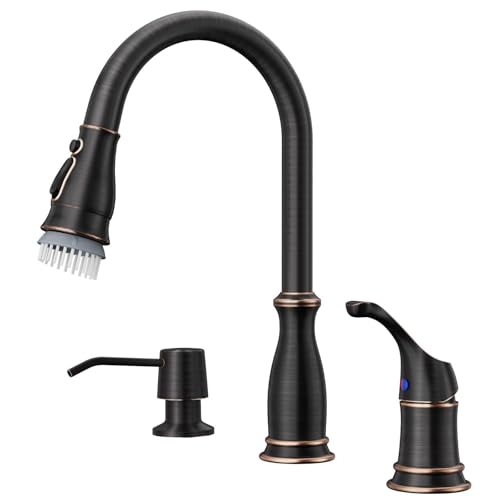 APPASO 3 Hole Kitchen Faucet, Bronze Kitchen Sink Faucet with Pull Down Sprayer 3 Modes for 2-3 Hole Sink, Oil Rubbed Bronze Faucets with Soap Dispenser and Separate Handle 3 Pieces, Stainless Steel