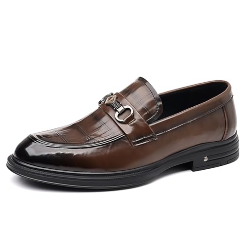 Mens Casual Leather Slip On Dress Loafers Retro Round Toe Non-Slip Formal Business Shoes for Wedding Prom Walking Party