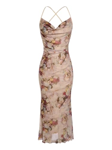 Image of SOLY HUX Women's Floral Mesh Bodycon Cami Dress Cowl Neck Sleeveless Cocktail Party Wedding Guest Long Maxi Dresses