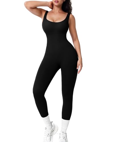 Popilush Jumpsuits for Women Built-In Bra Square Neck Ribbed Bodycon Workout Seamless Leggings Rompers Bodysuits Black Jumpsuit