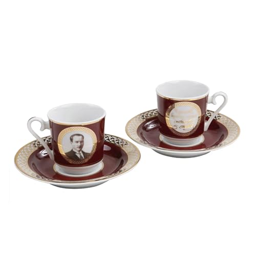 LaModaHome Atatürk Burgundy Coffee Cup Set Espresso Coffee Cups with Saucers, Porcelain Turkish Arabic Greek Coffee Cups and Saucers For Women, Men, Adults, New Home Wedding Gifts