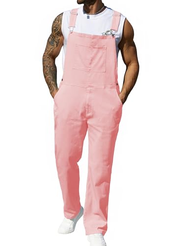 Yuanbang Overalls for Men Work Utility Coveralls Fashion Bib Romper Jumpsuit with Zipper(Pink,L)
