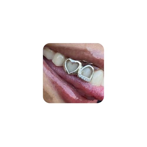 Silver Teeth Grills for Women Grillz Teeth Men Tooth Gems Cap Hollow Heart Mouth Grills Tooth Jewelry for Hip Hop Single Grillz with Molding Bar Rapper Outfits Costume Accessory Halloween Party