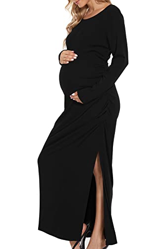 Smallshow Women'S Split Maternity Dress Long Sleeve Ruched Pregnancy Clothes Medium Black thumb #1