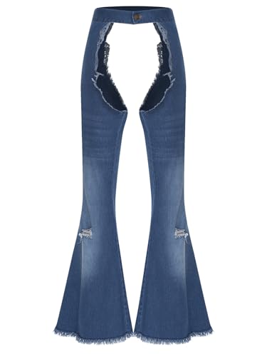 Lpdshaa Women's Denim Chaps Pants Hollow-Out Crotch Ripped Distressed Wide Leg Cowgirl Riding Trousers Blue Large
