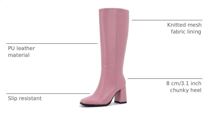 Image of Knee High Boots for Women - Wide Calf Boots with Zipper, Square Toe Tall Leather Boots, Chunky Heel Fashion Long Boots