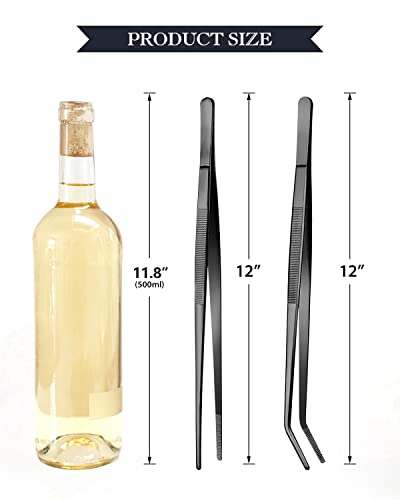 12-Inch Cooking Tweezer And Curved Tong Set, Tongs Precision Serrated Tips, Stainless Steel Professional Chef Tweezer Kitchen Tools For Bbq, Plating And Serving #TOP2