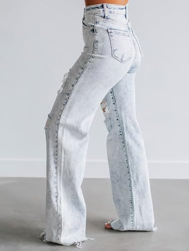 Flamingals Women's Ripped Bootcut Jeans Mid Rise Tummy Control Cut Out Raw Hem Denim Jeans3