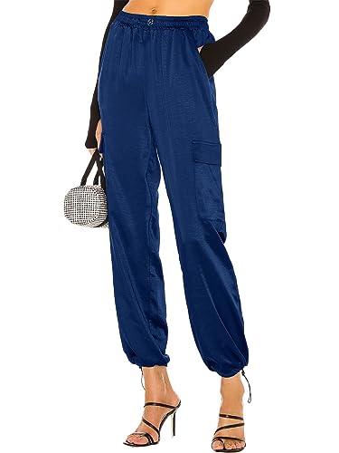 Simplee Calça feminina de cetim até o tornozelo com cordão elástico de cintura alta calça de moletom