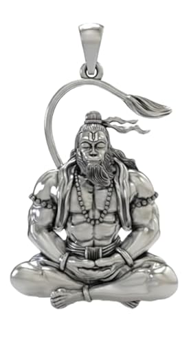 Image of Unisex Stainless Steel Silver Hanuman Ji Pendant Necklace - Lord Mahabali, Meditation Pose, Gada Design, Bajrang Bali, Veer Hanuman & Devotional Face Locket with 24 Inch Chain for Men & Women
