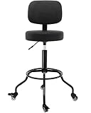 CoVibrant Heavy Duty Shop Stool with Ergonomic Backrest - Lockable Rubber Wheels & High Footrest, 360° Swivel, Adjustable Height for Garage Workshop Workbench, 350lbs Capacity (Black, 24"-27")