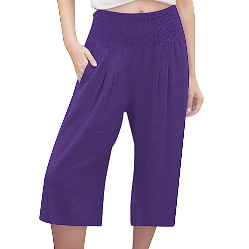 Pantacourt Femme Grande Taille Décontractée 7/8 Bermuda Pantalon en Lin Jupe Culotte Fluide Été Elastique avec Poches Coton Vêtement Chic Elegant Pants De...