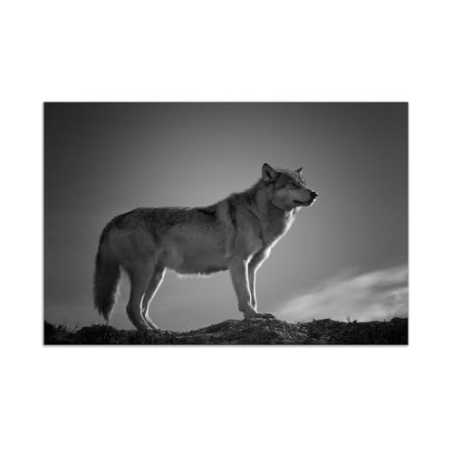Affiche toile peinture animal mur art loup noir et blanc tableau moderne