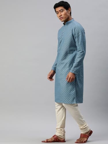 Image of Majestic Man Men's Cotton Blend Regular Fit Casual Polyester Mandarin Collar Ethnic Motifs Embroidered Long Regular Kurta