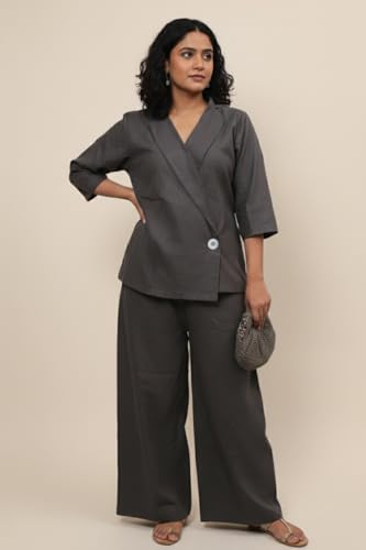 Image of Oversized Linen Angrakhaa Style Coat for Women, Olive Green