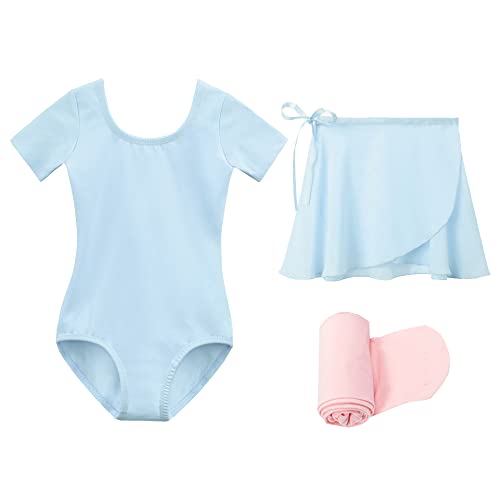 Stelle Girls Short Sleeve Dance Active Dress Ballet Leotard Combo with Dance Skirt and Dance Tight (Blue (Adjustable Tie) 110 6 Years)