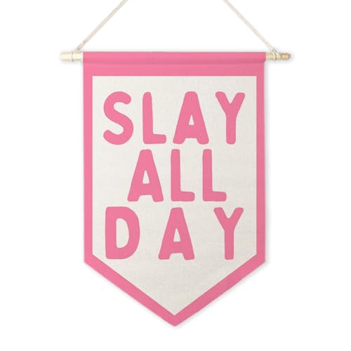 ArtisaEura Funny Slay All Day Wall Canvas Banners, Preppy Room Decor, Funny Aesthetic Hanging Display Pennant Banner Flags, Pink Girly Wall Decor for Girls Room Dorm Bedroom Apartment