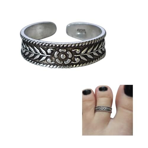 Handmade Floral Adjustable Toe Ring, 925 Sterling Silver, Ethnic Design of Flower Blossom & Leaf Branches Small Dainty Open Toe, Pinky or Knuckle Rings for Women, By MiYa Jewelry Creations