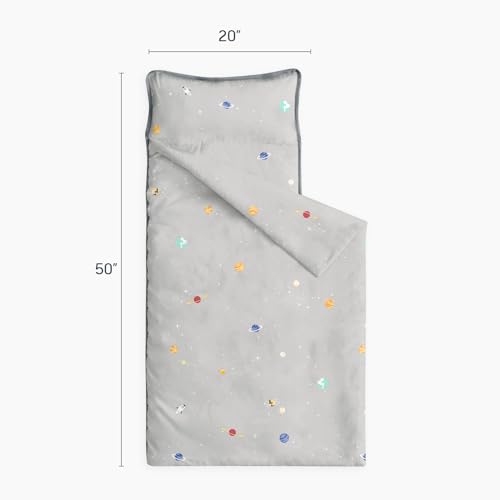 Image of Wake In Cloud - Toddler Nap Mat with Pillow and Blanket, 100% Cotton Fabric, for Kids Boys Ages 3 Plus in Daycare Kindergarten Preschool, Roll Up Sleeping Bag, Galaxy Spaces