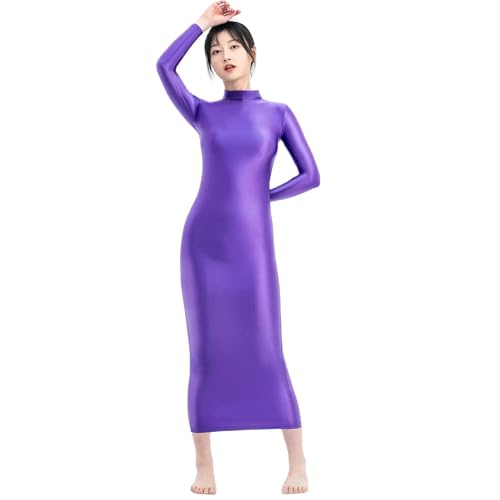 Oil Glossy Hip Dress Elastic Slip Tight Skirt Smooth high Neck Long Sleeve Long Skirt4